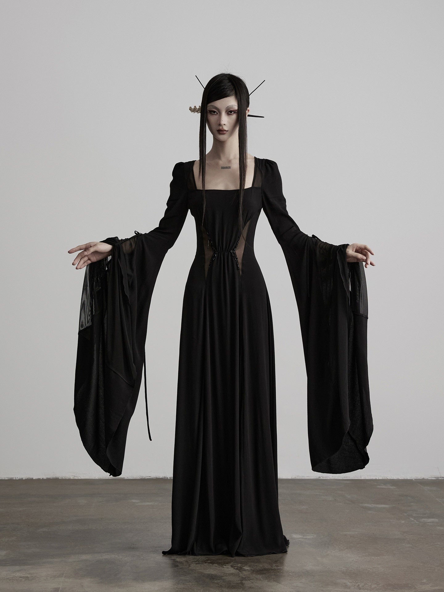INDULGE_Lyocell_Shape_Retaining_Bell_Sleeve_Cinched_Waist_Womens_Mesh_Maxi_Dresses_MISSTT