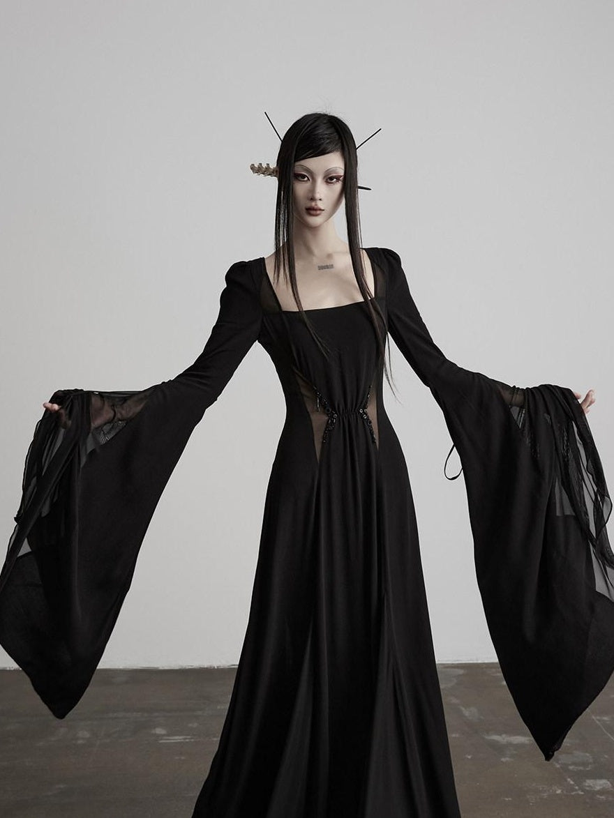 INDULGE Lyocell Shape Retaining Bell Sleeve Cinched Waist Womens Mesh Maxi Dresses