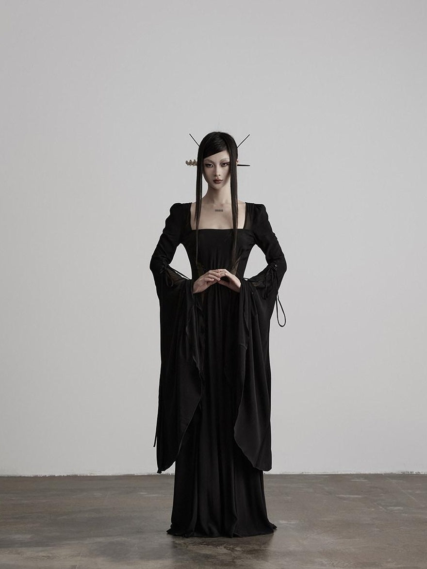 INDULGE Lyocell Shape Retaining Bell Sleeve Cinched Waist Womens Mesh Maxi Dresses