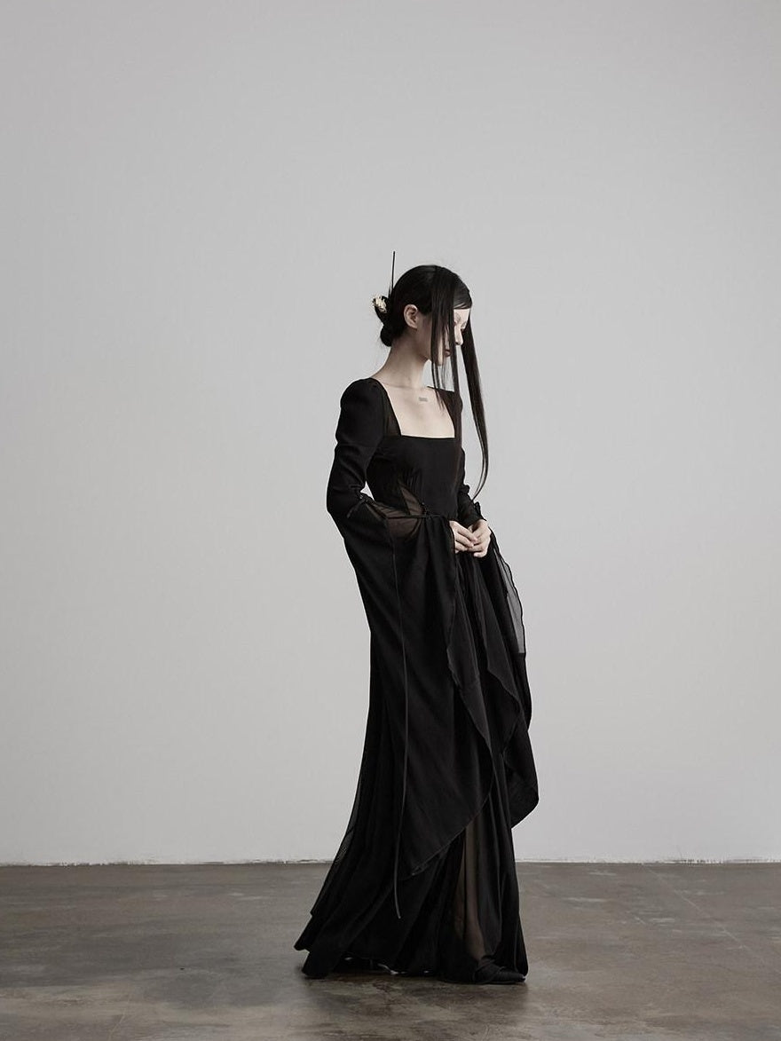 INDULGE Lyocell Shape Retaining Bell Sleeve Cinched Waist Womens Mesh Maxi Dresses