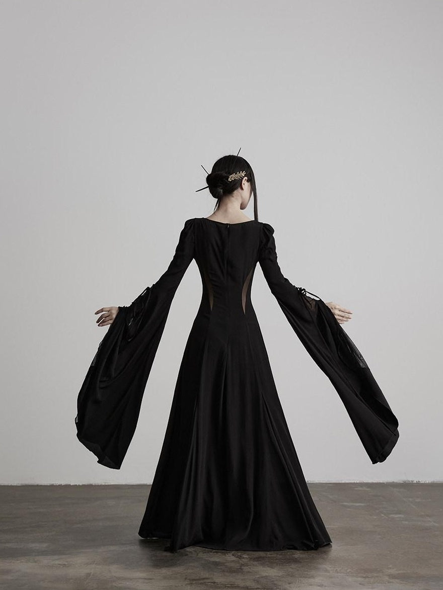 INDULGE Lyocell Shape Retaining Bell Sleeve Cinched Waist Womens Mesh Maxi Dresses