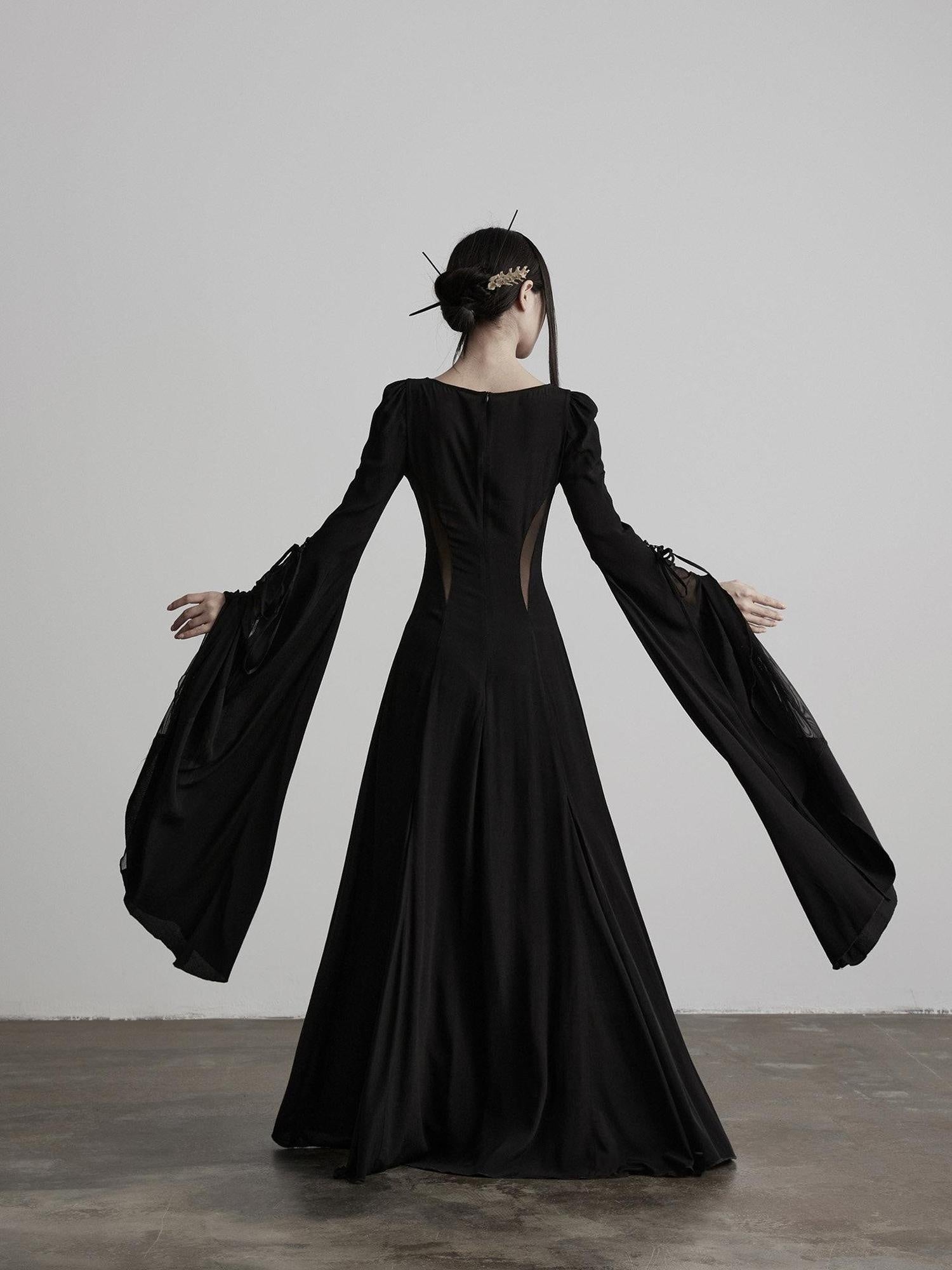 INDULGE Lyocell Shape Retaining Bell Sleeve Cinched Waist Womens Mesh Maxi Dresses