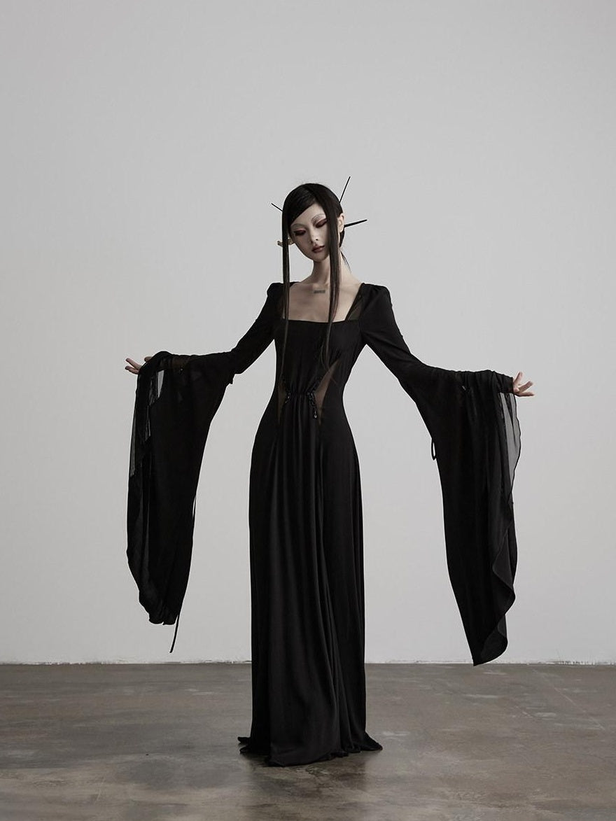 INDULGE Lyocell Shape Retaining Bell Sleeve Cinched Waist Womens Mesh Maxi Dresses