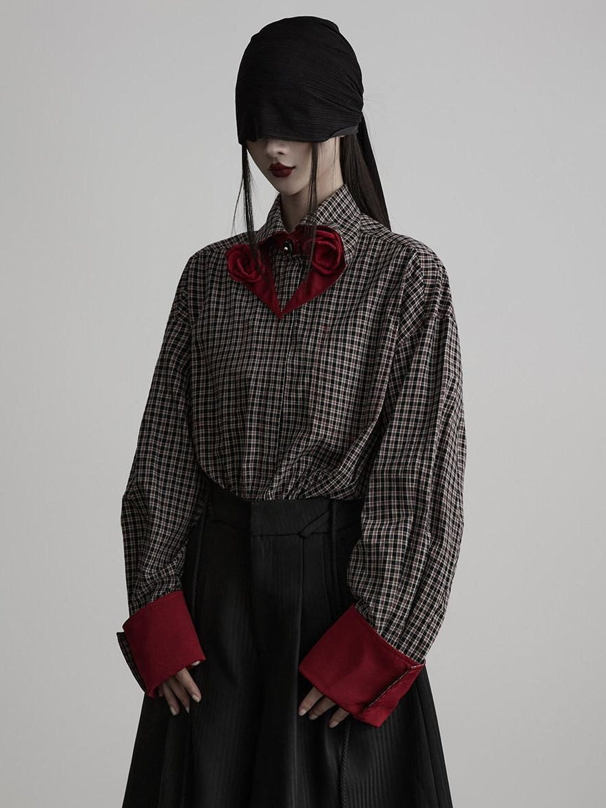 INDULGE Non Iron Cotton Loose Plaid Contrast Collar Casual Women Button Front Blouses