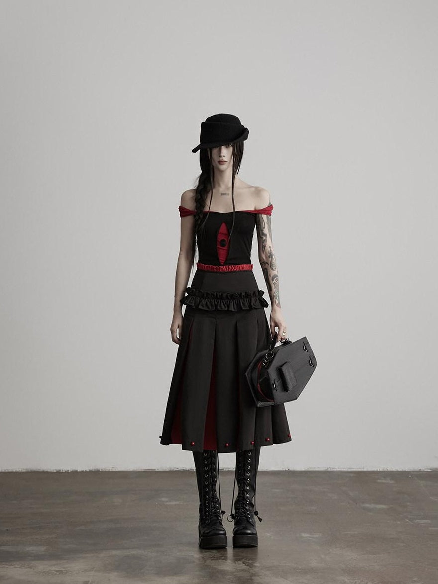 INDULGE Non Wrinkle Spliced A Line Mid Waist Casual Women Cotton Lyocell Pleated Skirts