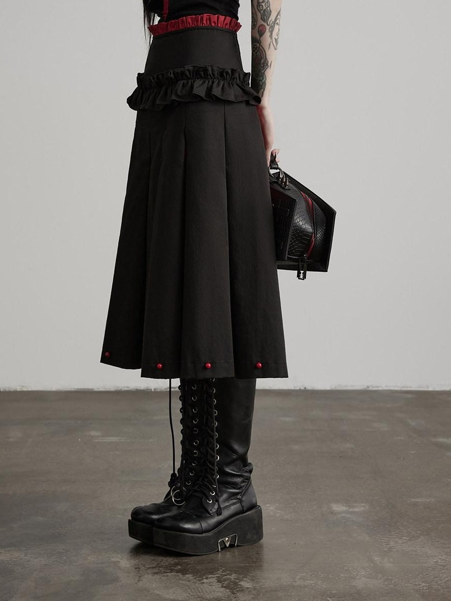 INDULGE Non Wrinkle Spliced A Line Mid Waist Casual Women Cotton Lyocell Pleated Skirts