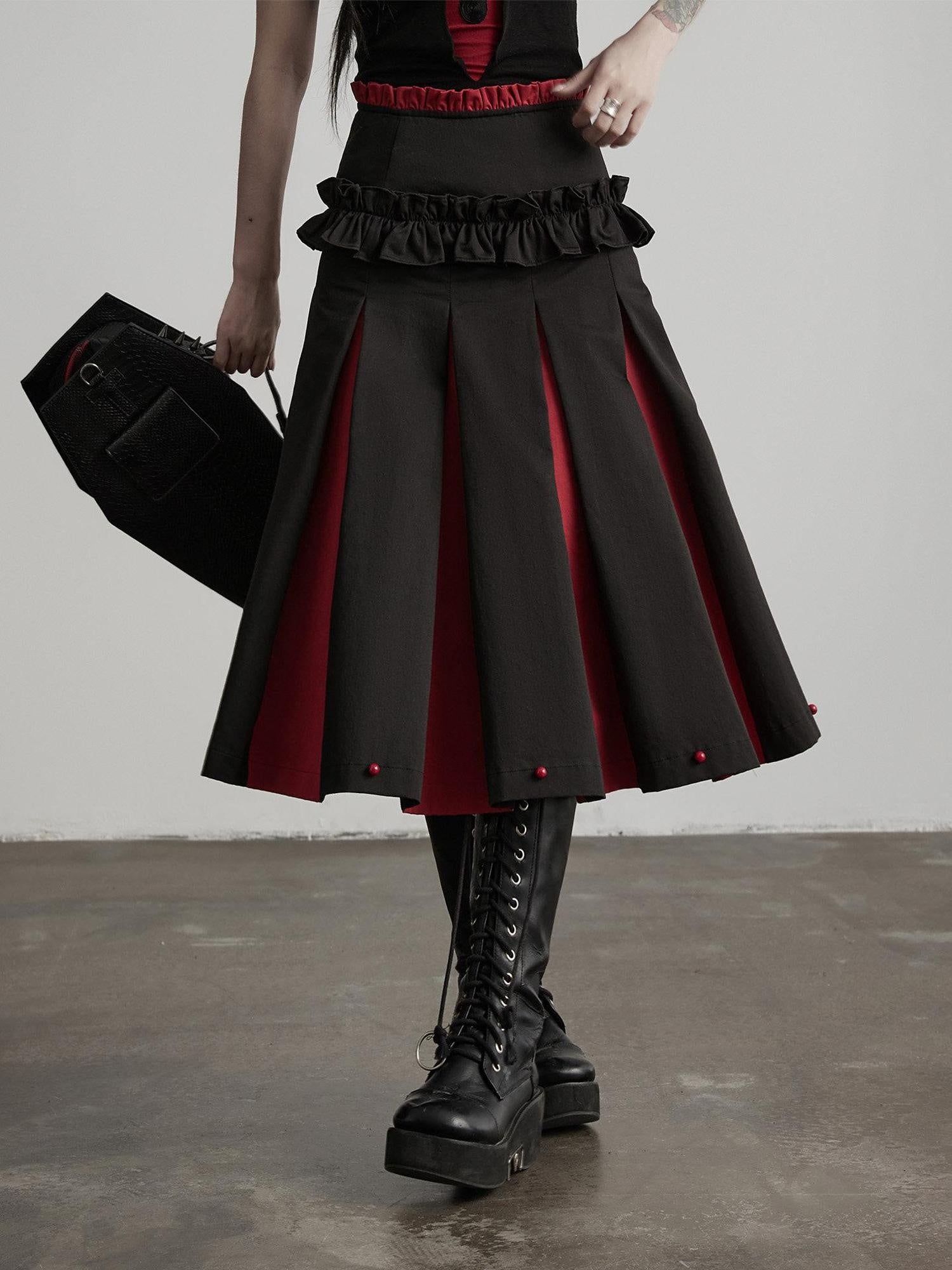 INDULGE Non Wrinkle Spliced A Line Mid Waist Casual Women Cotton Lyocell Pleated Skirts