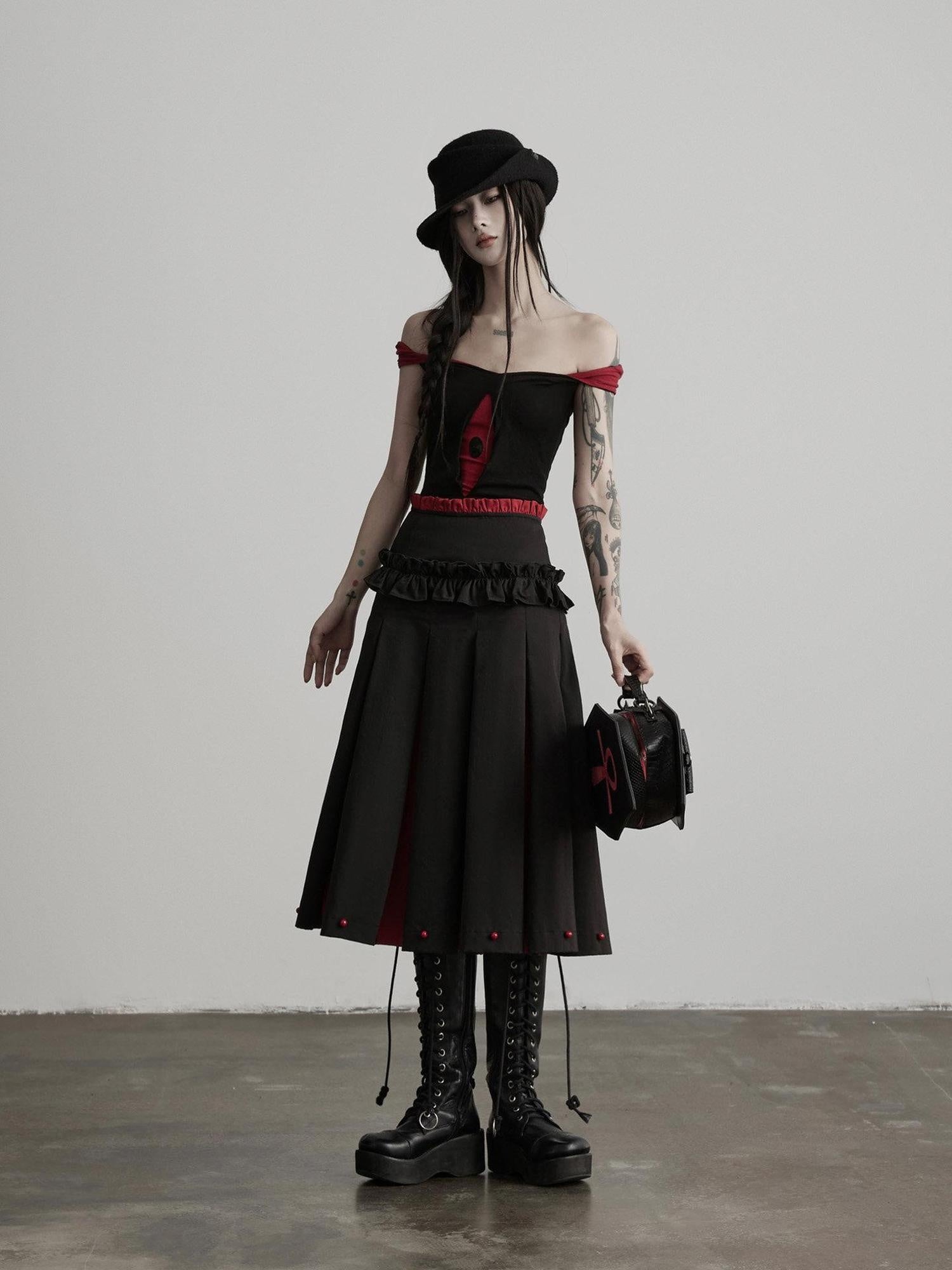 INDULGE Non Wrinkle Spliced A Line Mid Waist Casual Women Cotton Lyocell Pleated Skirts