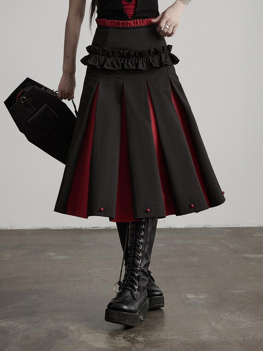 INDULGE Non Wrinkle Spliced A Line Mid Waist Casual Women Cotton Lyocell Pleated Skirts