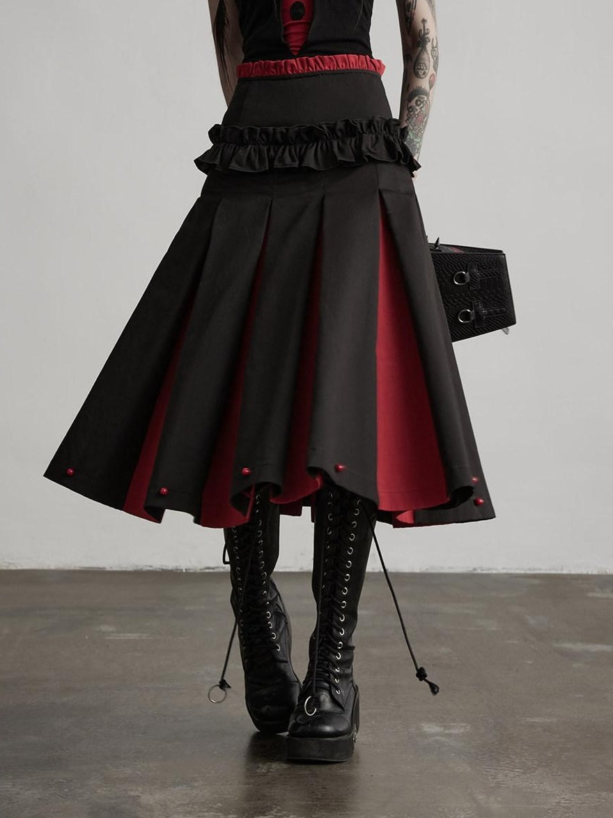 INDULGE Non Wrinkle Spliced A Line Mid Waist Casual Women Cotton Lyocell Pleated Skirts