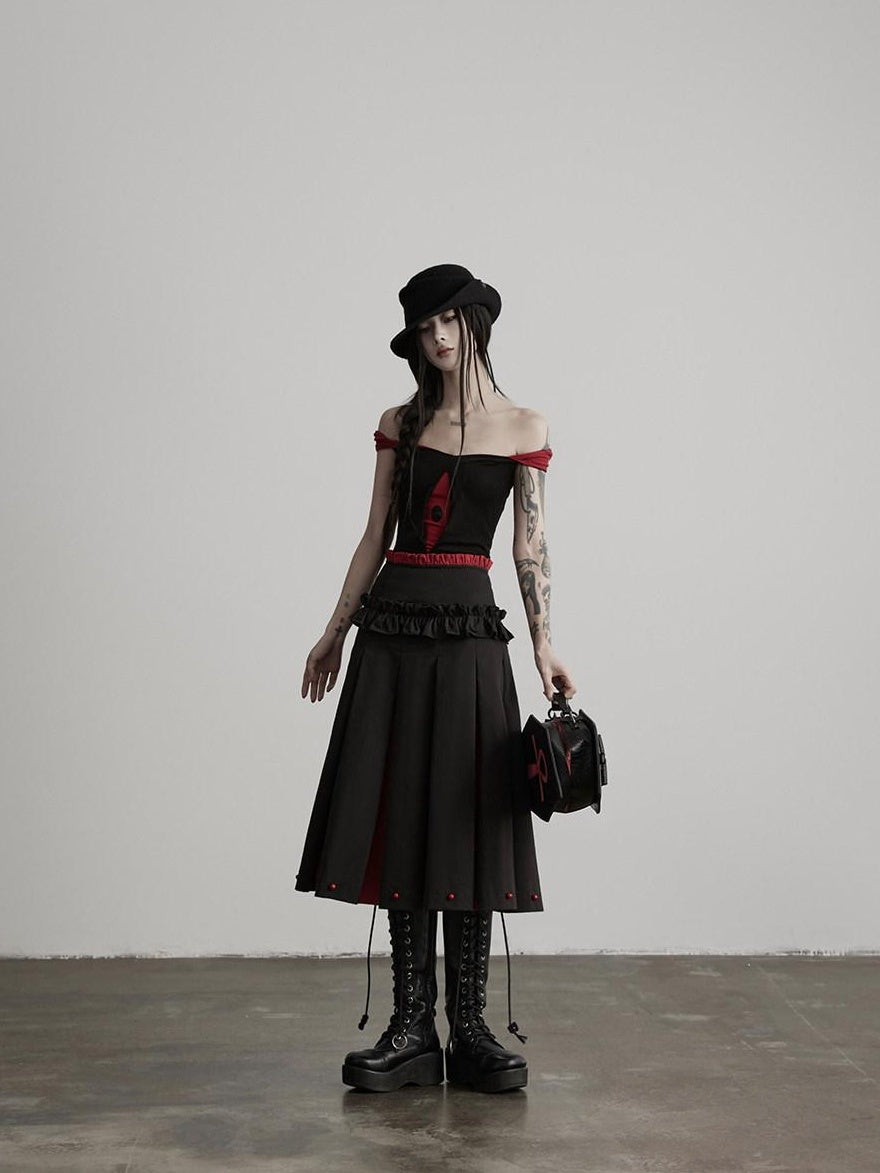 INDULGE Non Wrinkle Spliced A Line Mid Waist Casual Women Cotton Lyocell Pleated Skirts