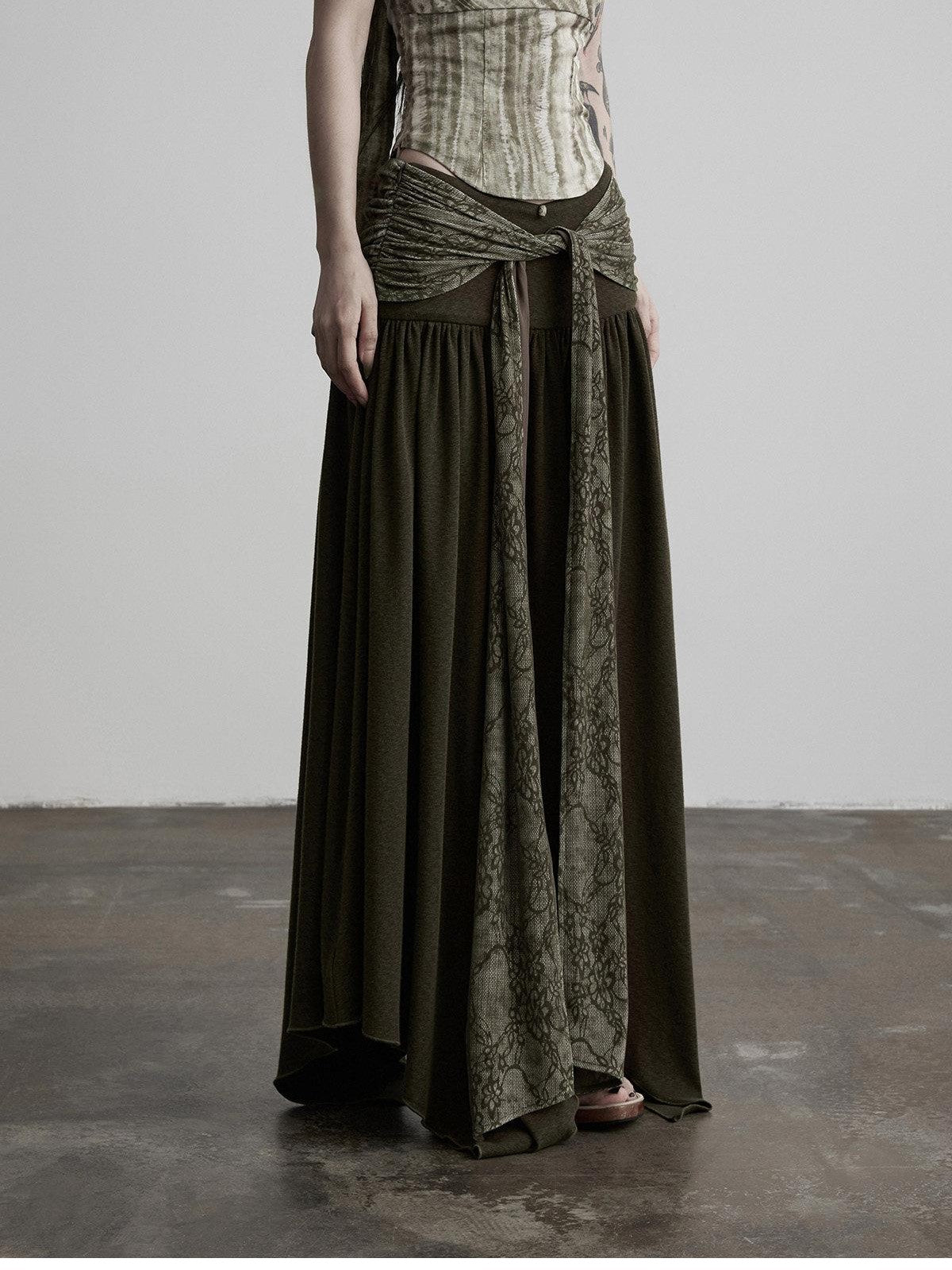 INDULGE Olive Flocked Tie Low Waist Asymmetrical Patchwork Knit Women&