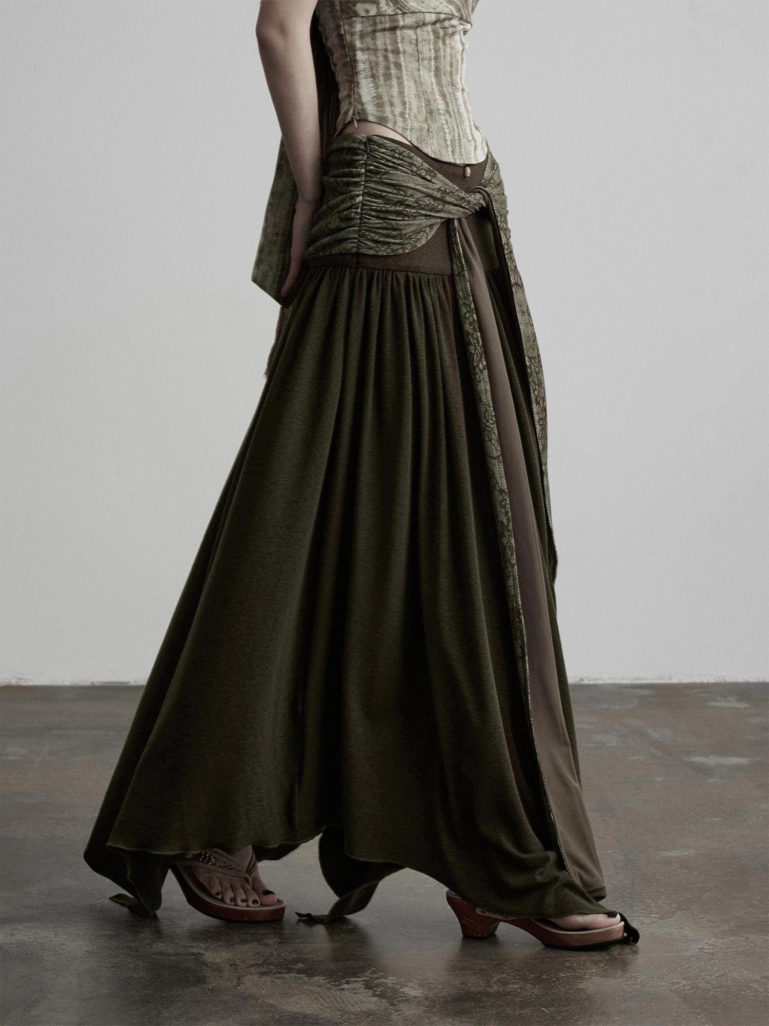 INDULGE Olive Flocked Tie Low Waist Asymmetrical Patchwork Knit Women&