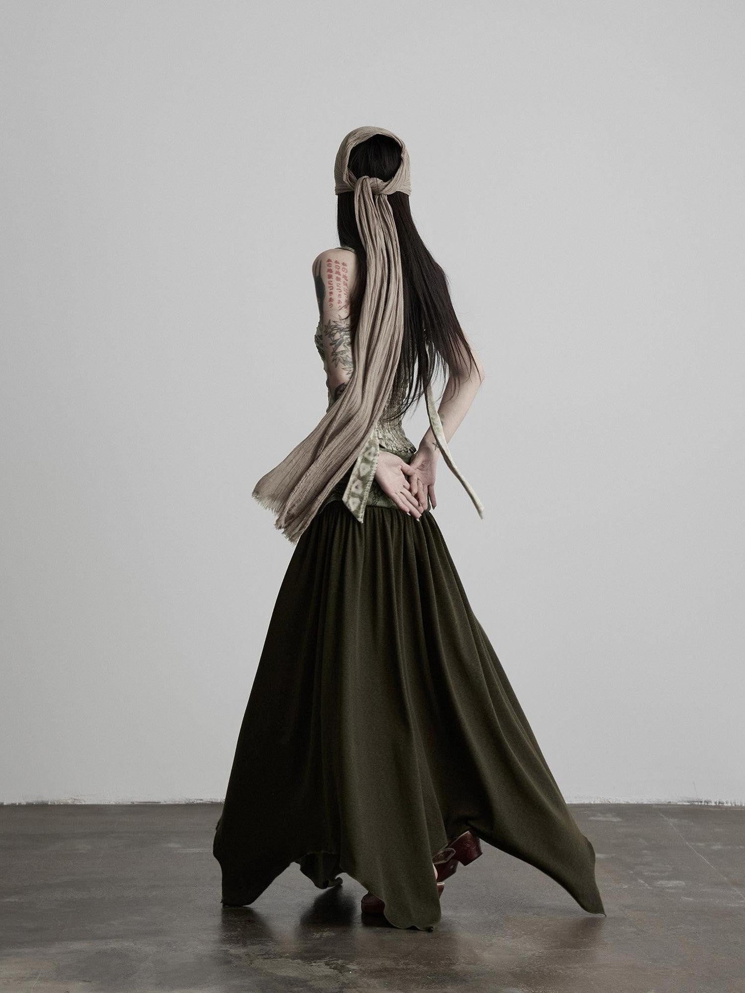 INDULGE Olive Flocked Tie Low Waist Asymmetrical Patchwork Knit Women&