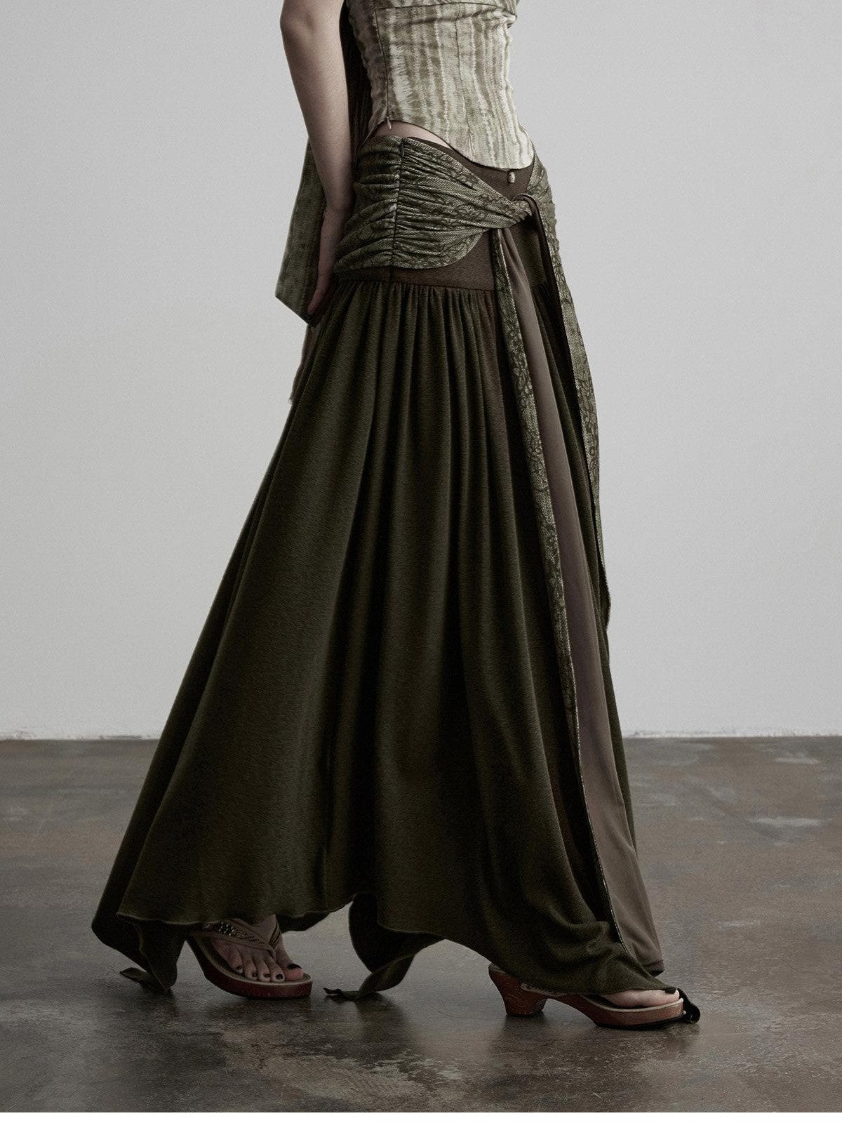 INDULGE Olive Flocked Tie Low Waist Asymmetrical Patchwork Knit Women&