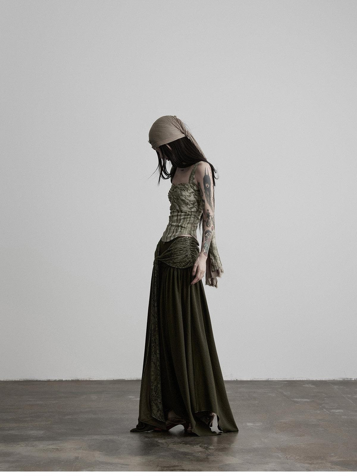 INDULGE Olive Flocked Tie Low Waist Asymmetrical Patchwork Knit Women&