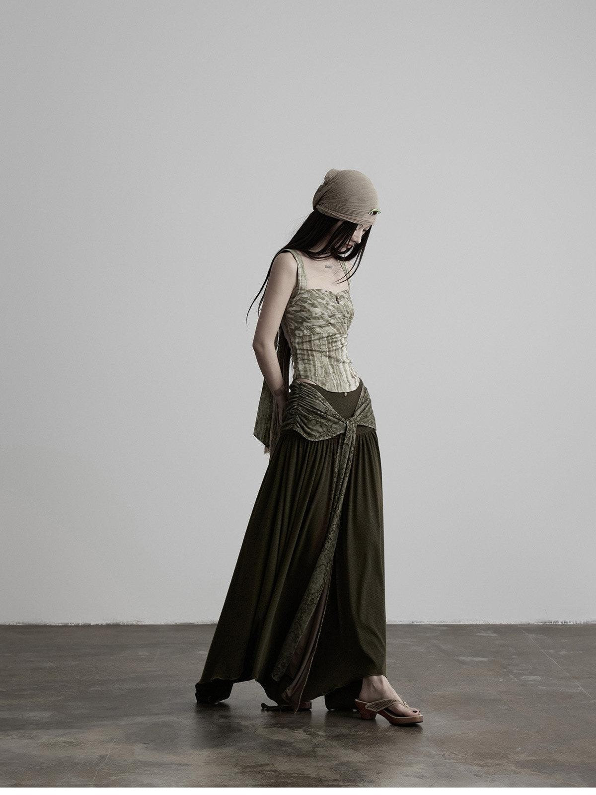 INDULGE Olive Flocked Tie Low Waist Asymmetrical Patchwork Knit Women&