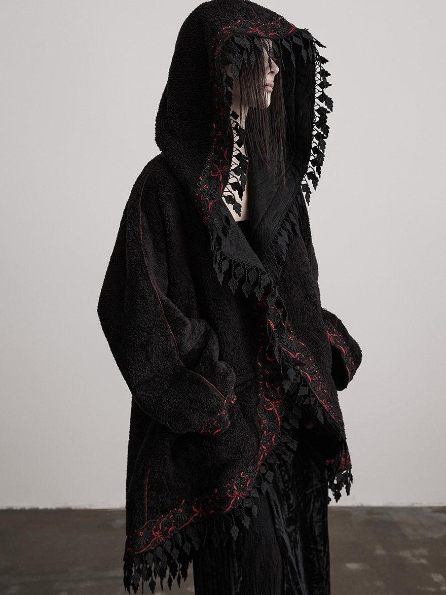 INDULGE Original Design Hooded Long Thick Piped Trim Side Pockets Black Women Cape Coats