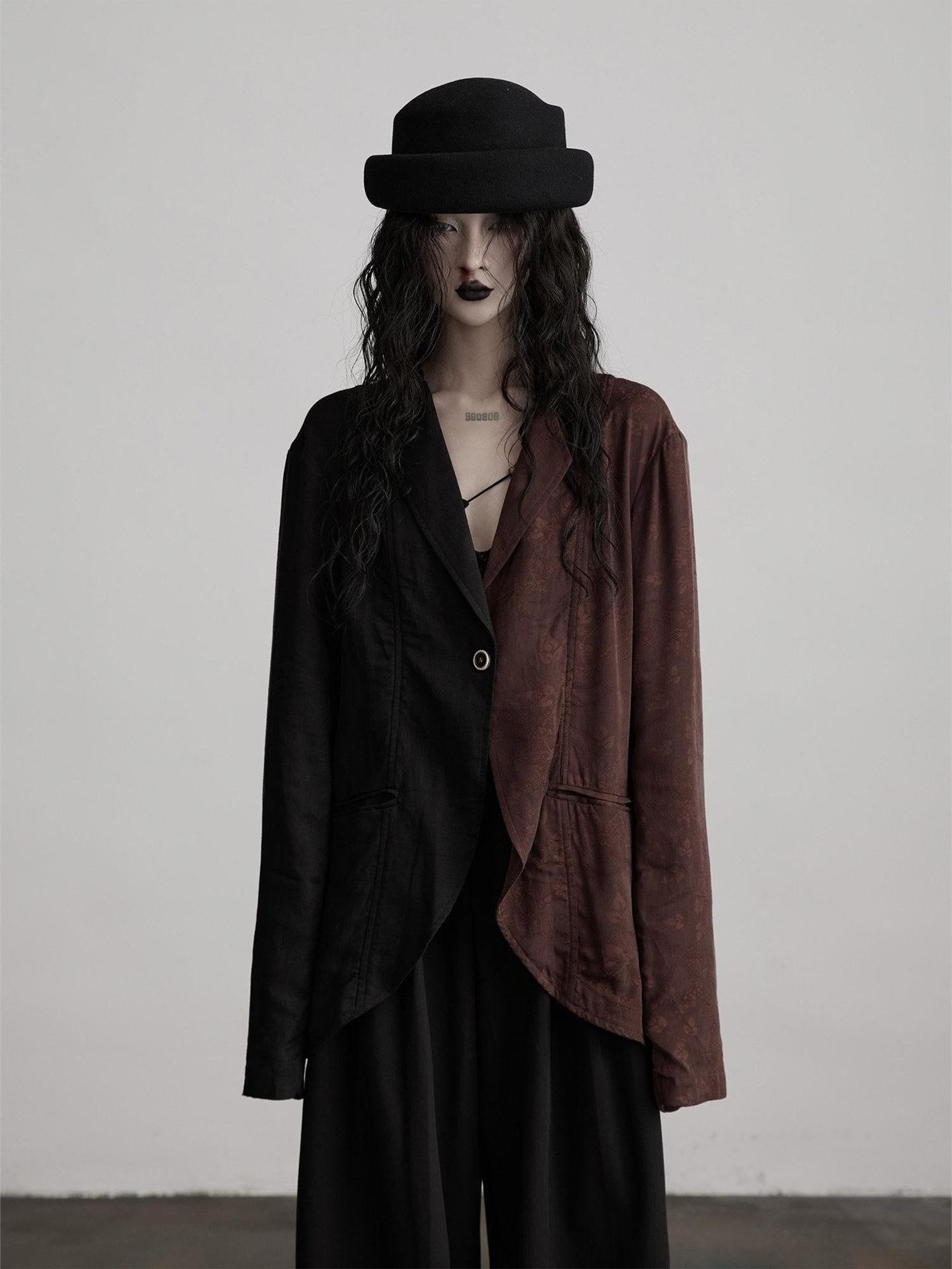 INDULGE Original Design Loose Fit Patchwork Linen Polo Collar Women Deep Brown Blazers
