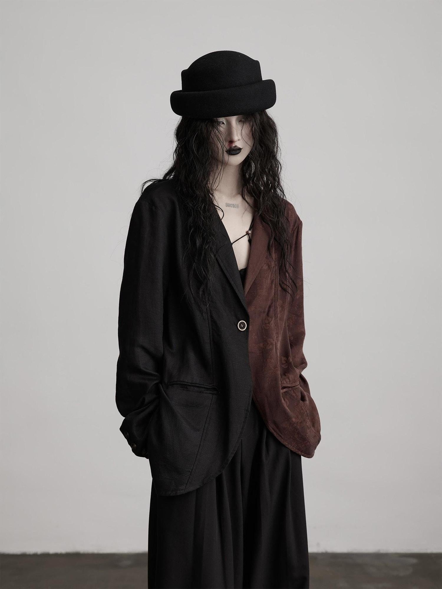 INDULGE Original Design Loose Fit Patchwork Linen Polo Collar Women Deep Brown Blazers