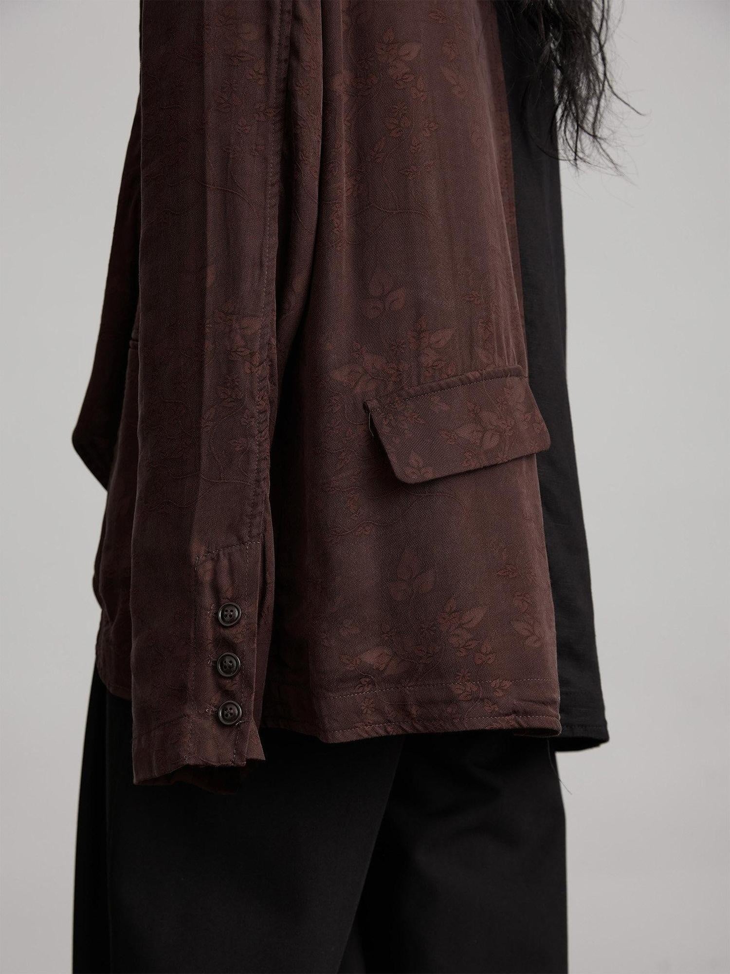 INDULGE Original Design Loose Fit Patchwork Linen Polo Collar Women Deep Brown Blazers