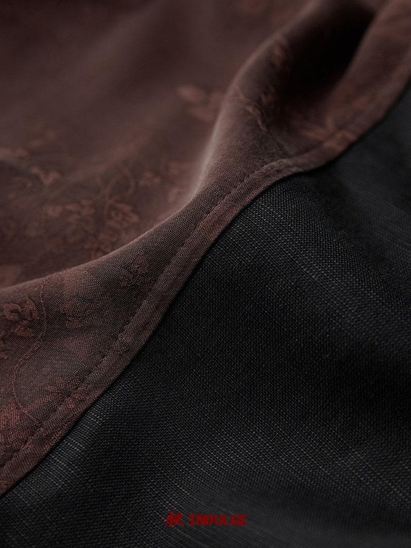 INDULGE Original Design Loose Fit Patchwork Linen Polo Collar Women Deep Brown Blazers