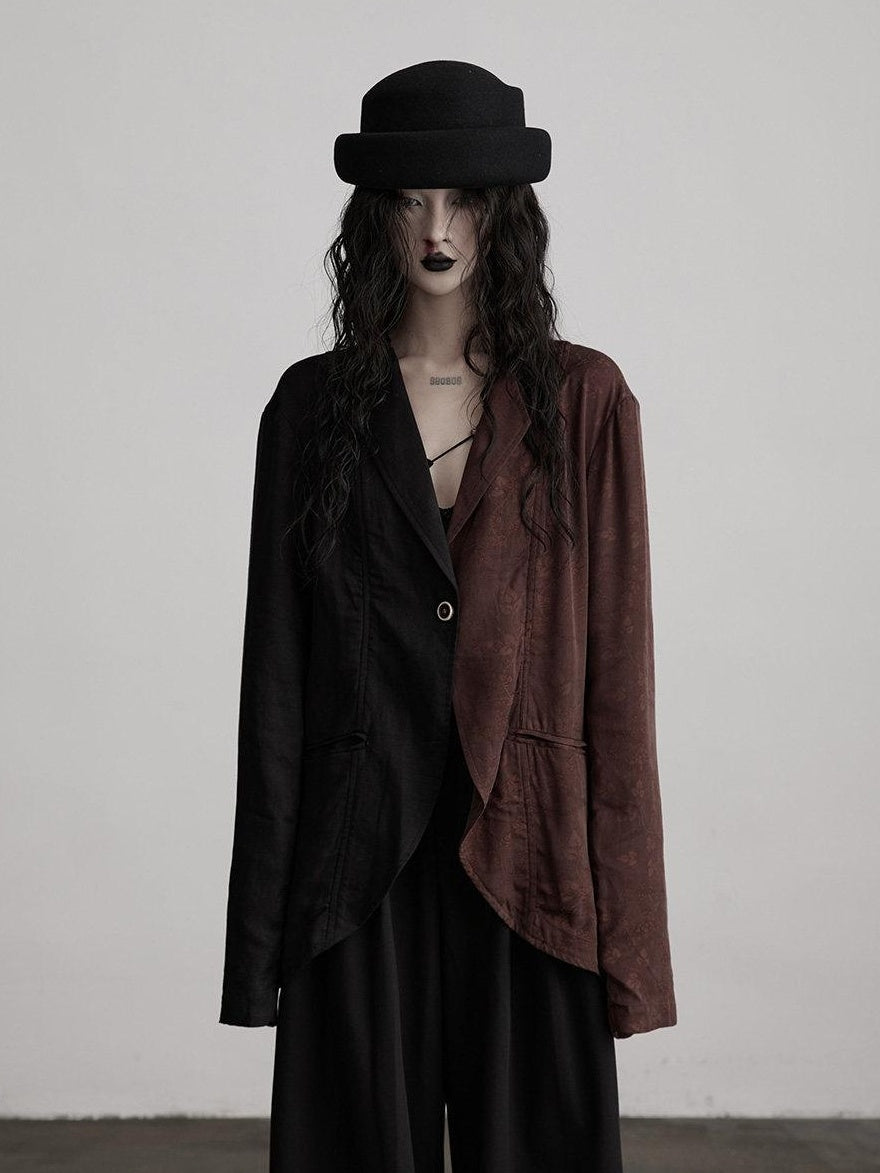 INDULGE Original Design Loose Fit Patchwork Linen Polo Collar Women Deep Brown Blazers
