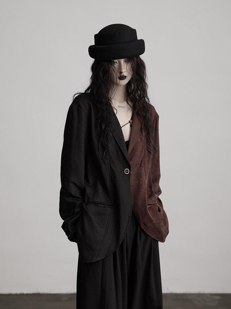 INDULGE Original Design Loose Fit Patchwork Linen Polo Collar Women Deep Brown Blazers