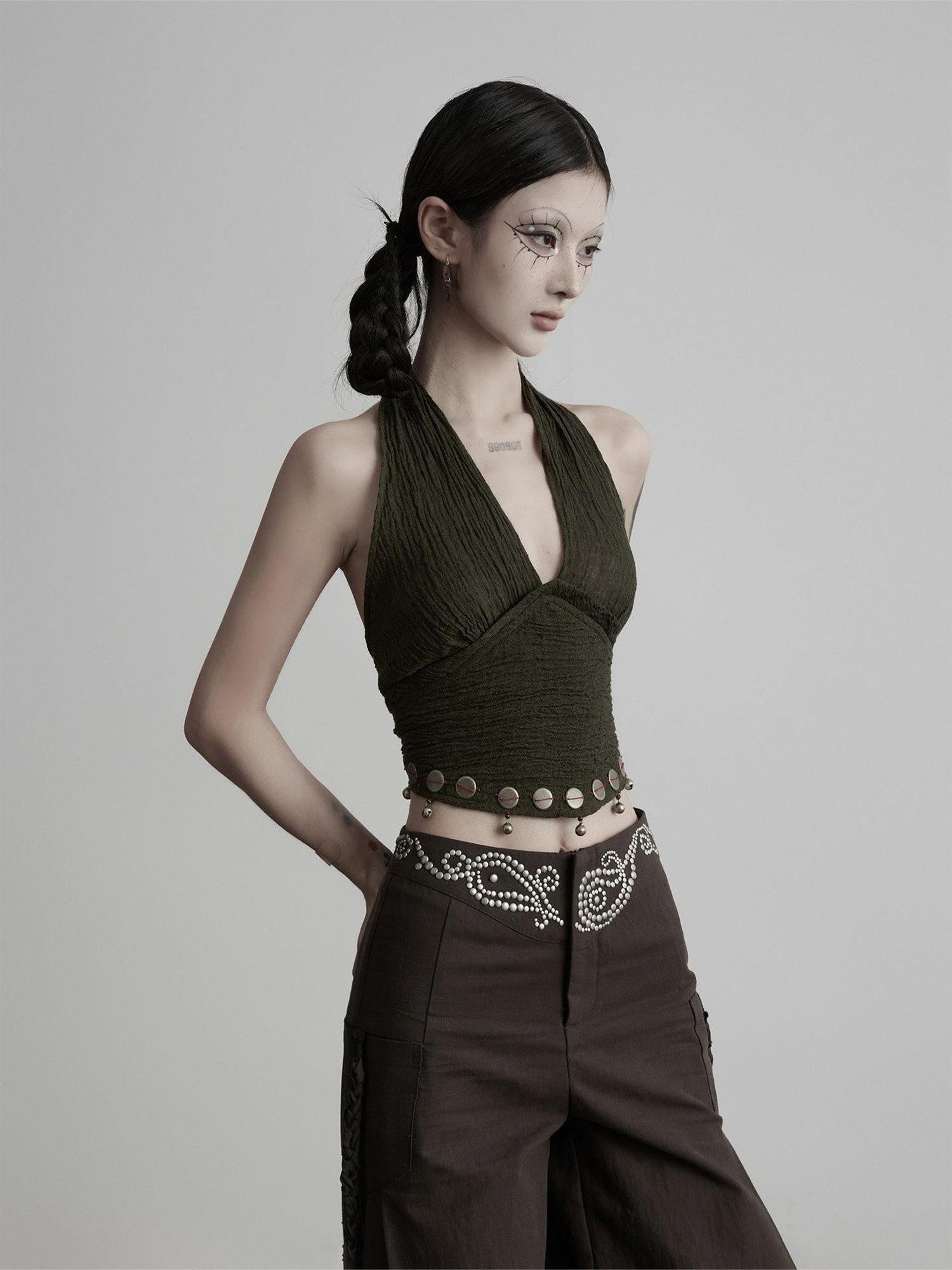INDULGE Original Linen Sequin V-neck Halter Tie Crop Casual Women Green Tank Tops
