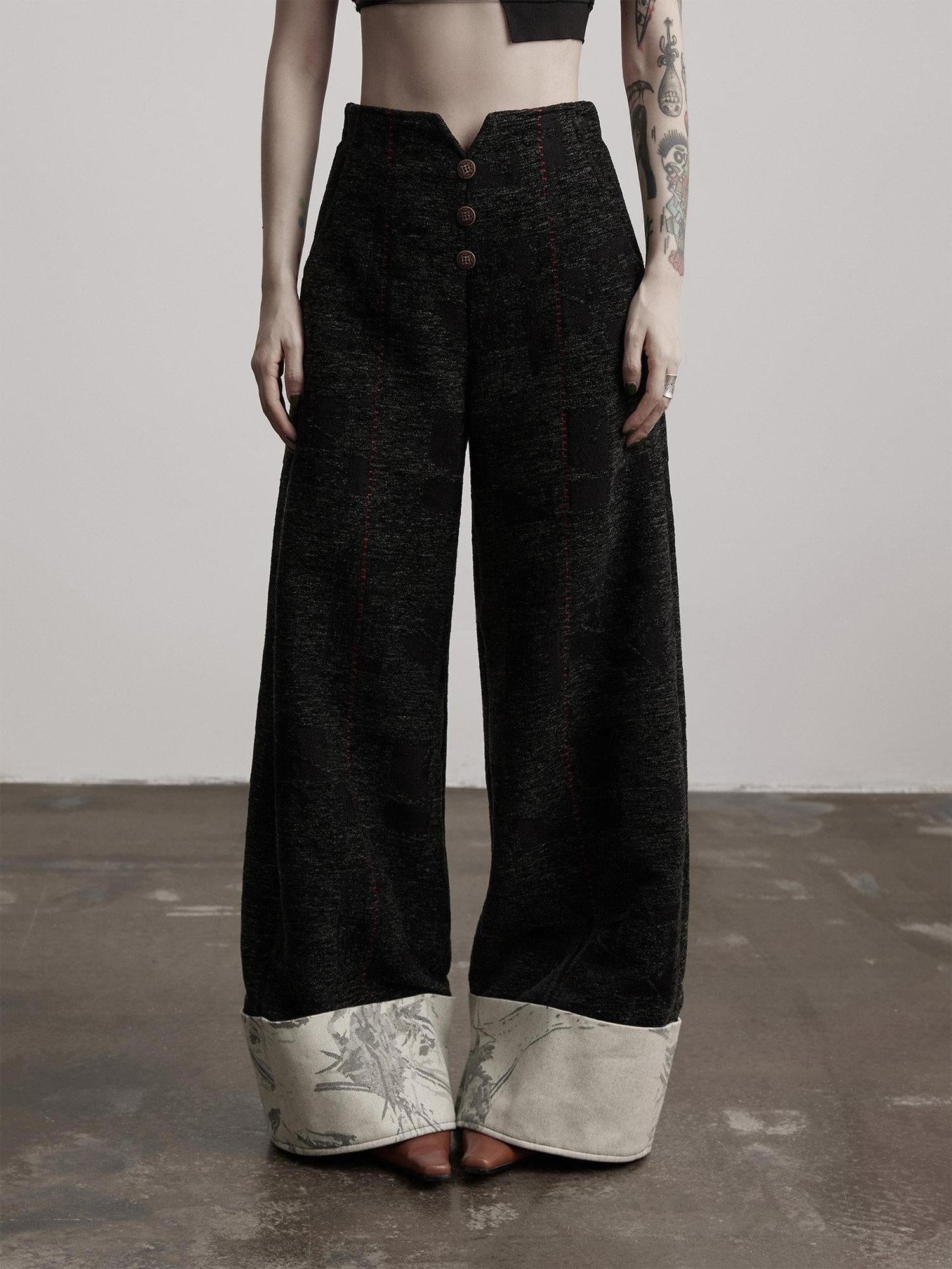 INDULGE Original Patchwork Pockets Natural Waist Button Fly Warm Black Wide-Leg Pants