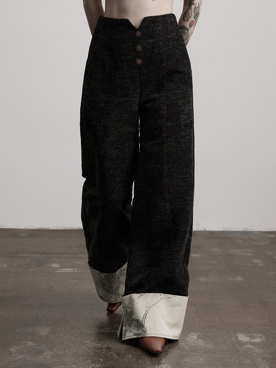 INDULGE Original Patchwork Pockets Natural Waist Button Fly Warm Black Wide-Leg Pants