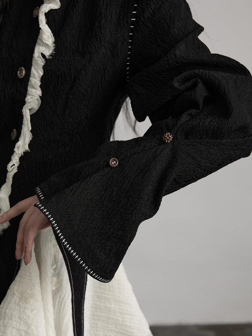 INDULGE Padded Wool Blend Elegant Button Round Neck Black Long Sleeve Cropped Jackets