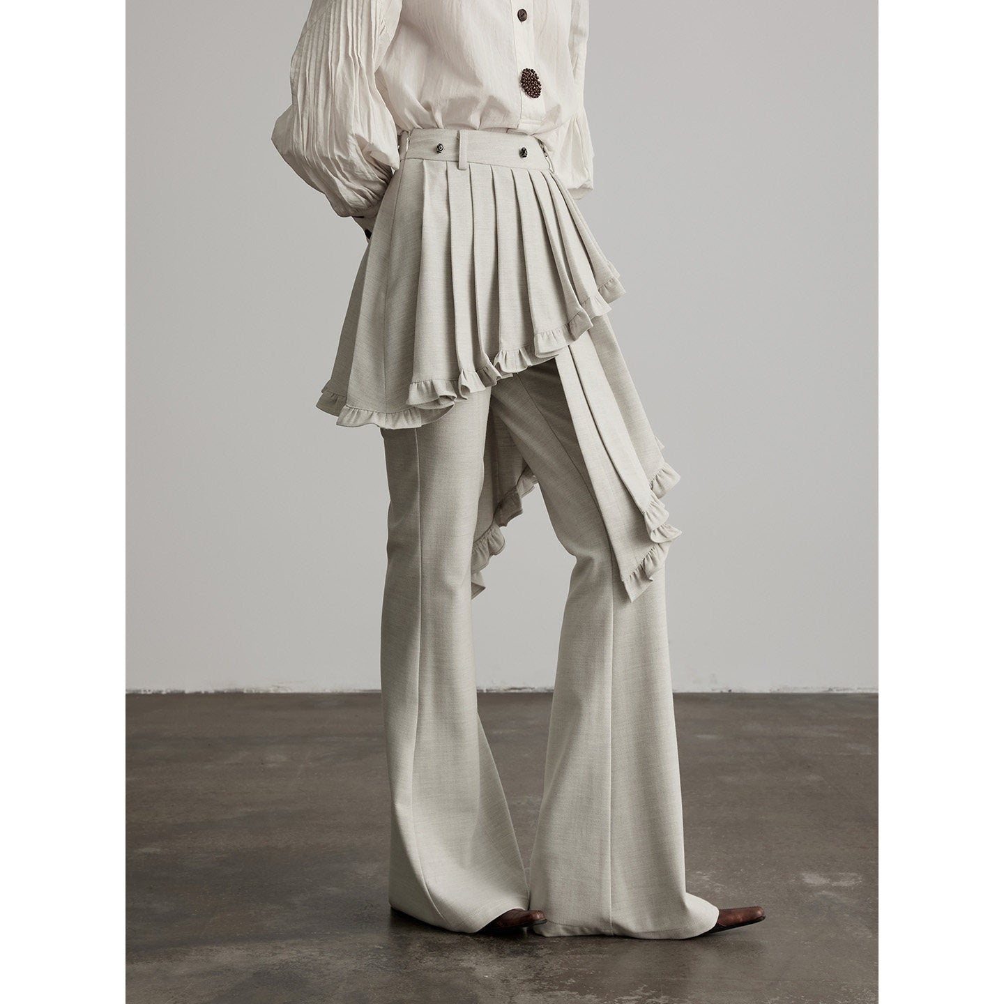 INDULGE Pleated Asymmetrical Patchwork Culotte Casual Women Beige Flare Pants