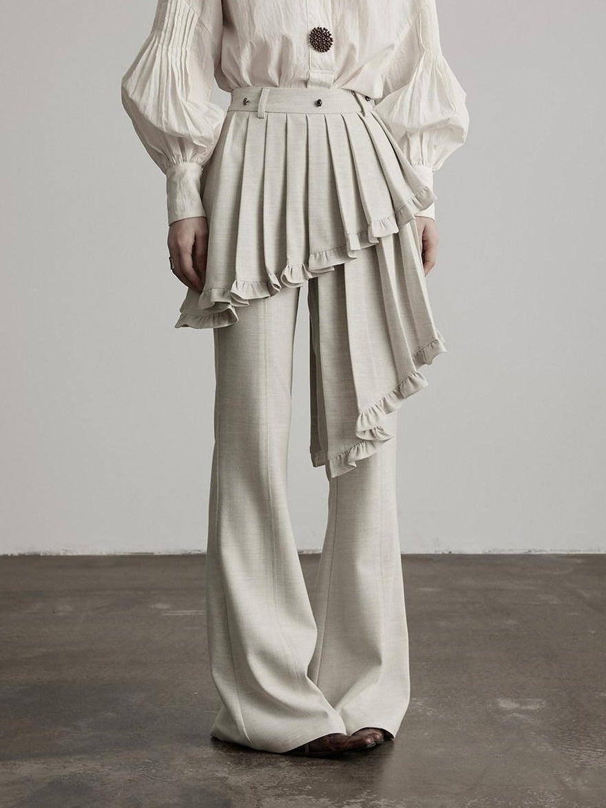INDULGE Pleated Asymmetrical Patchwork Culotte Casual Women Beige Flare Pants
