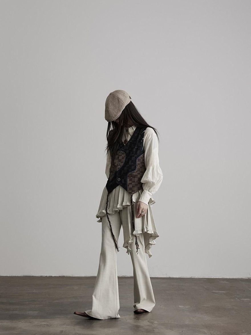 INDULGE Pleated Asymmetrical Patchwork Culotte Casual Women Beige Flare Pants
