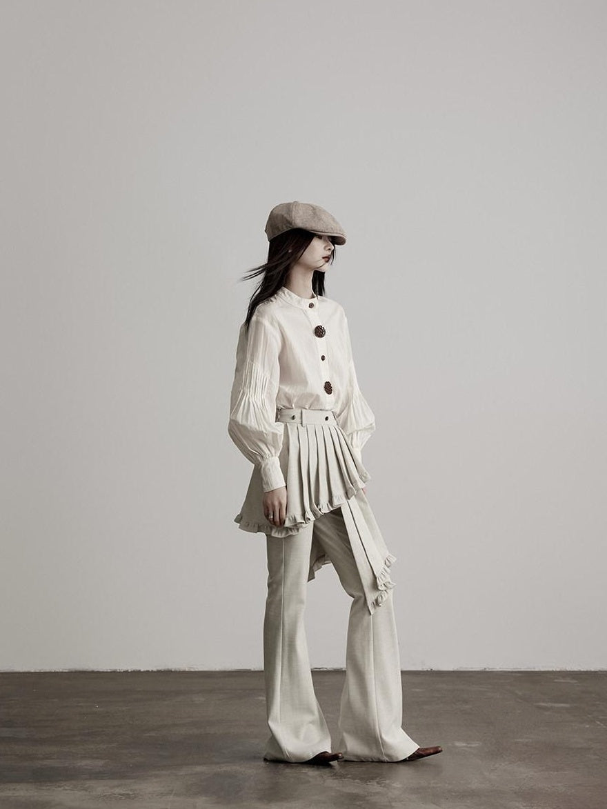 INDULGE Pleated Asymmetrical Patchwork Culotte Casual Women Beige Flare Pants