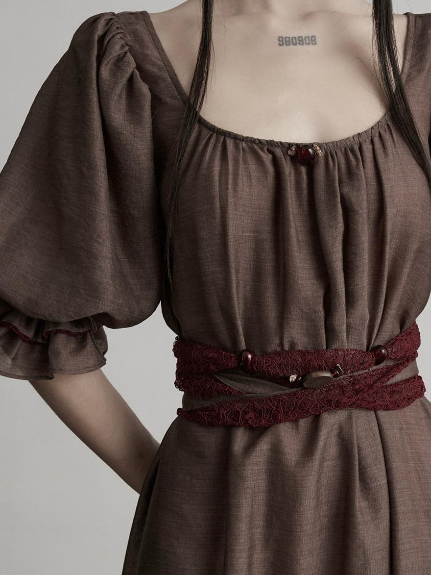 INDULGE Regal Cinched Waist Square Neck Puff Sleeve Tencel Aline Shirt Maxi Dresses