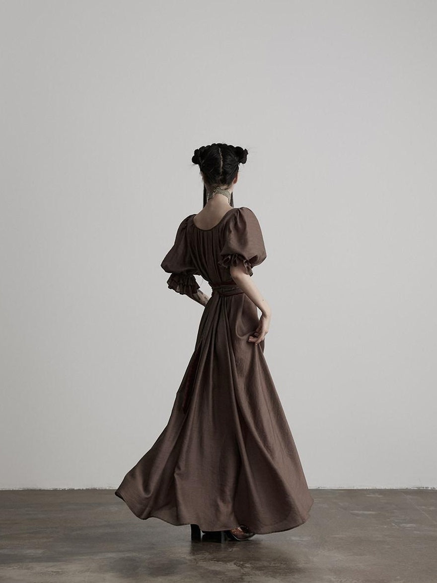 INDULGE Regal Cinched Waist Square Neck Puff Sleeve Tencel Aline Shirt Maxi Dresses