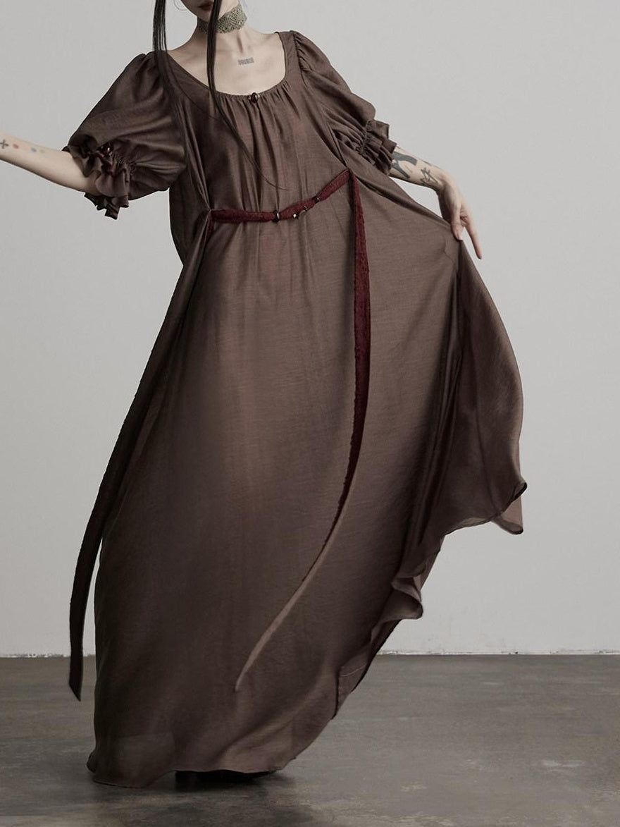 INDULGE Regal Cinched Waist Square Neck Puff Sleeve Tencel Aline Shirt Maxi Dresses