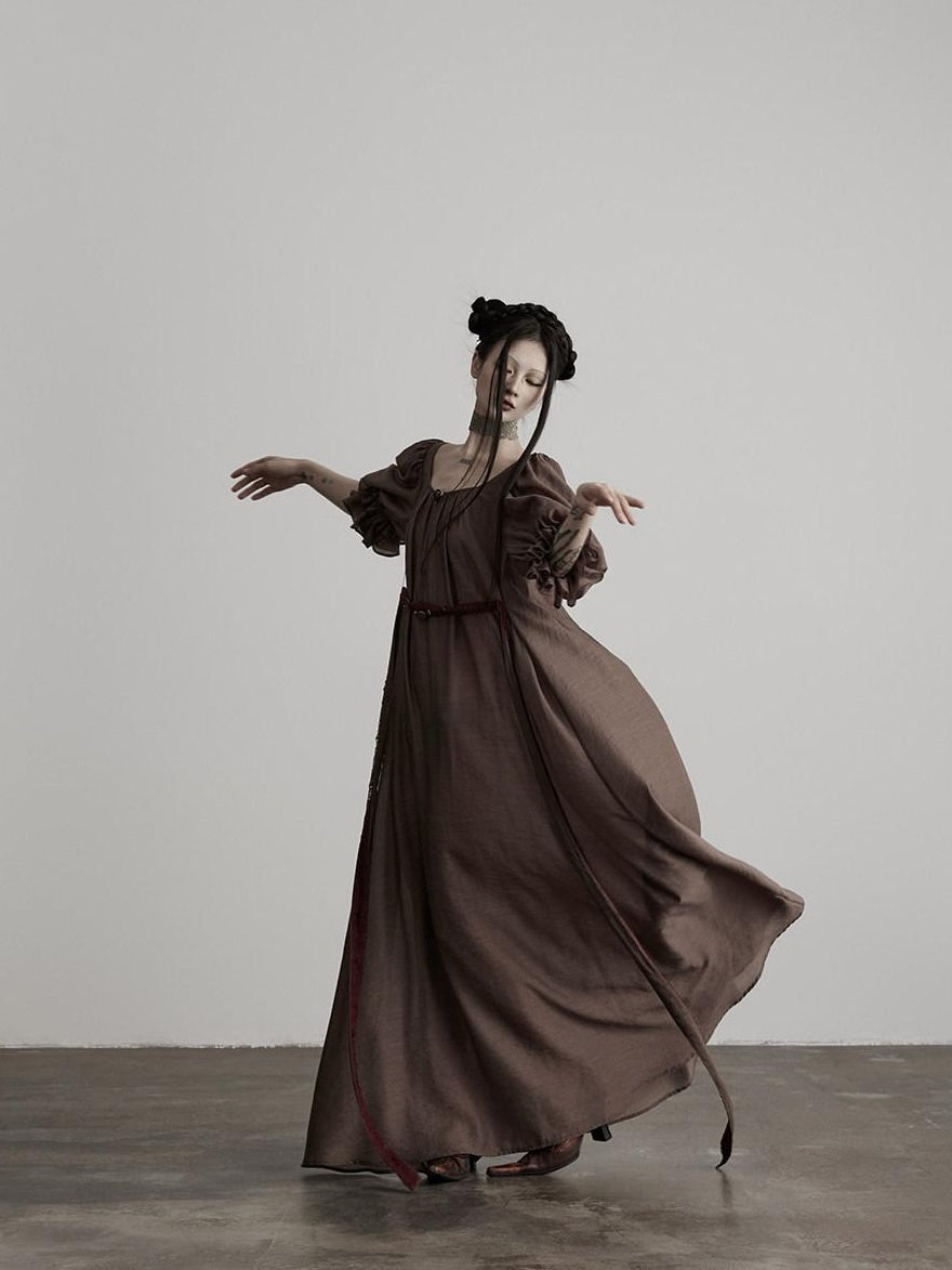 INDULGE Regal Cinched Waist Square Neck Puff Sleeve Tencel Aline Shirt Maxi Dresses