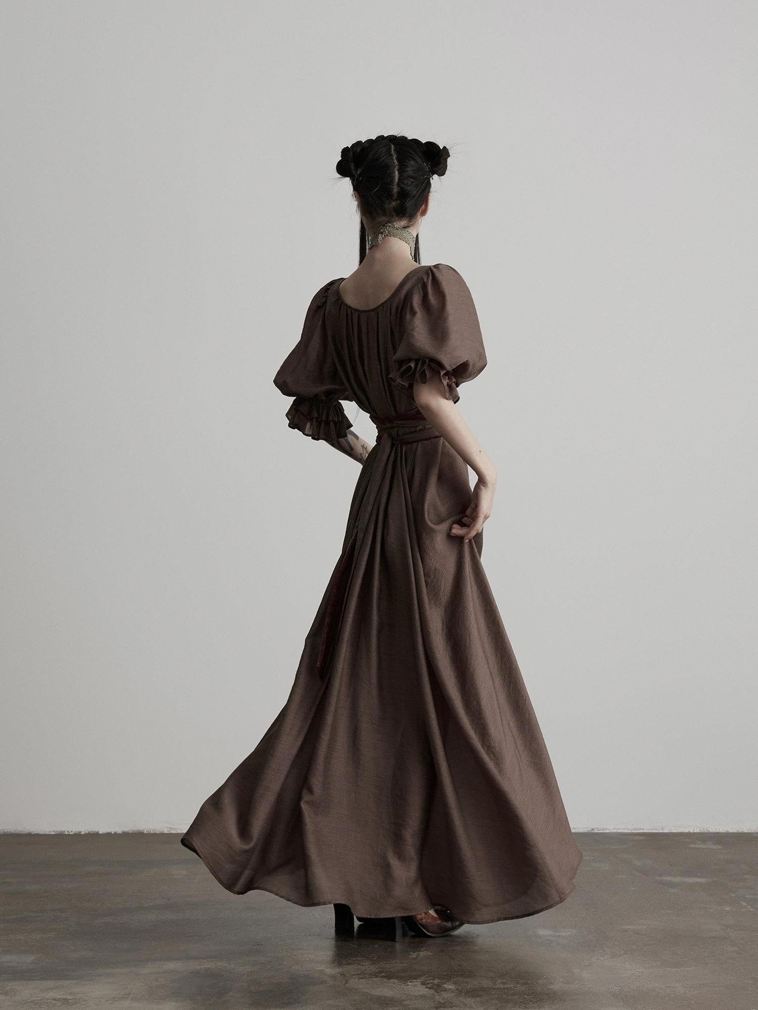 INDULGE Regal Cinched Waist Square Neck Puff Sleeve Tencel Aline Shirt Maxi Dresses