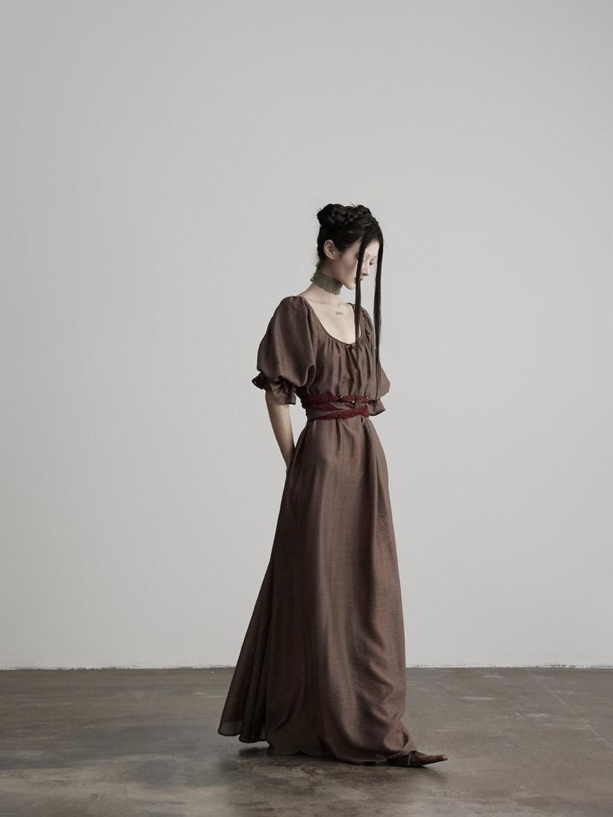 INDULGE Regal Cinched Waist Square Neck Puff Sleeve Tencel Aline Shirt Maxi Dresses