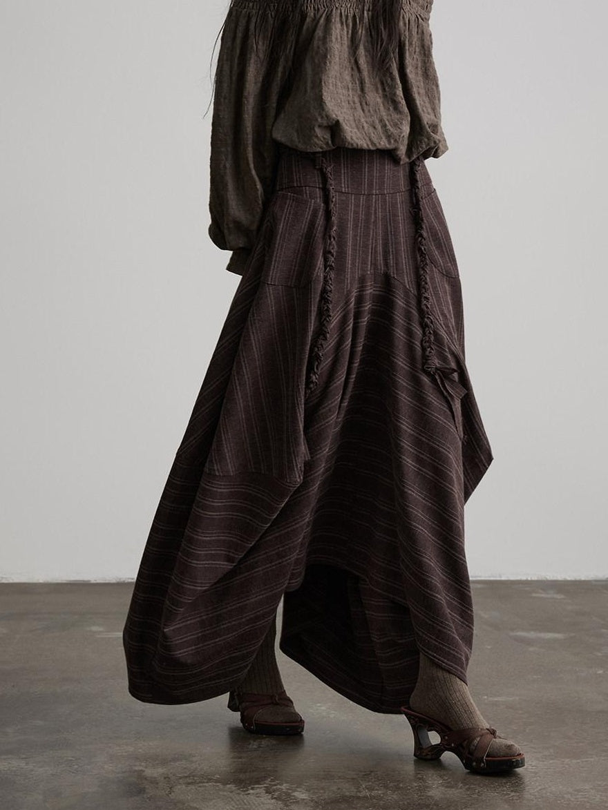 INDULGE Shape Retaining Casual Asymmetric Mid Waist Women Red Brown Polyester Maxi Skirts