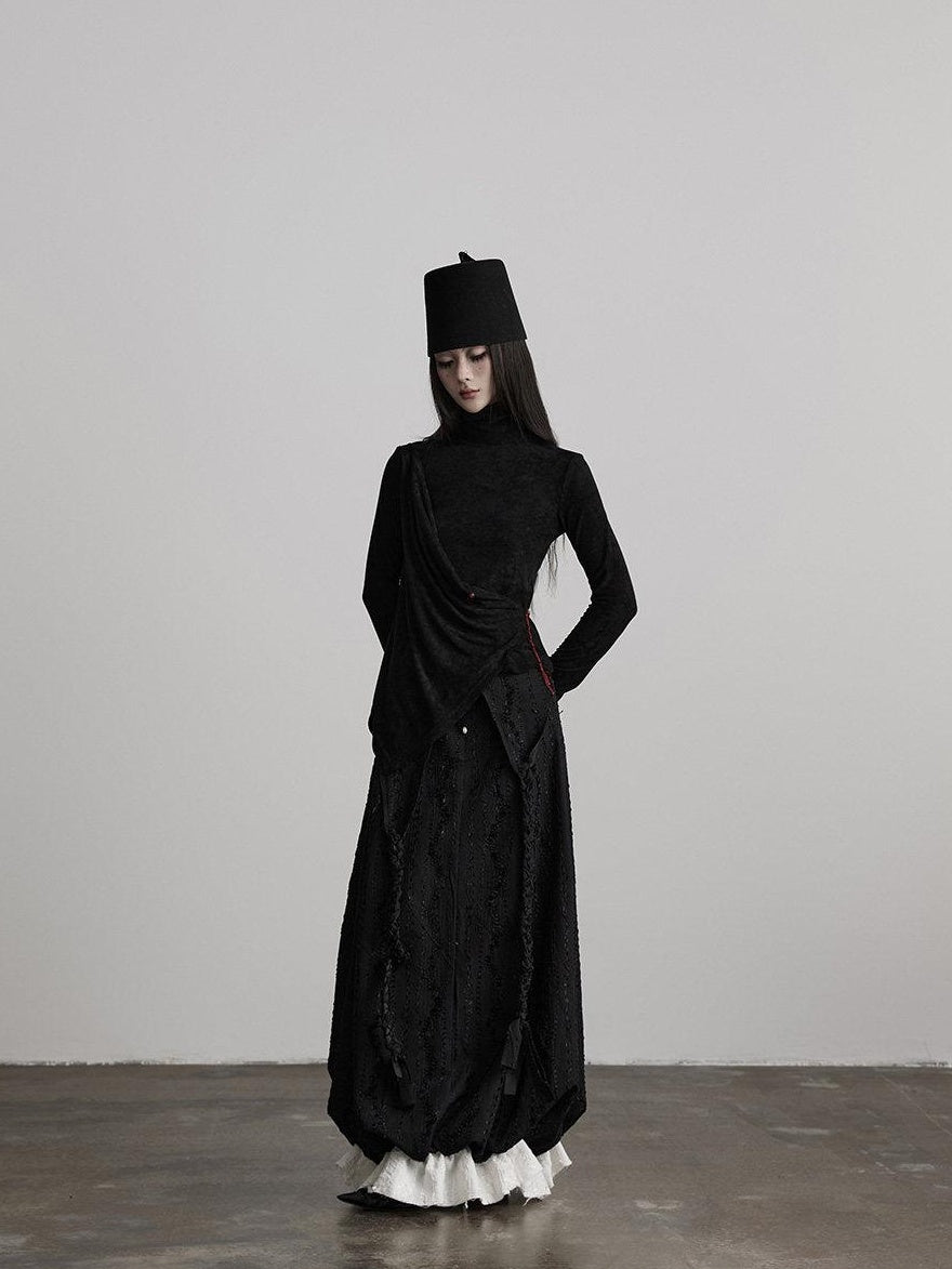 INDULGE Shape Retaining Dark Gothic Embroidered A Line Casual Black Tiered Skirts