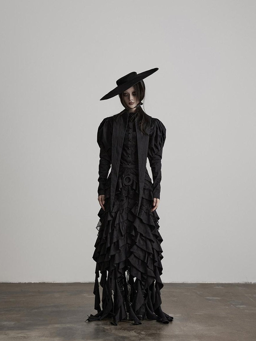 INDULGE Shape Retaining Fitted Waist Ruching Gothic Leg Of Mutton Sleeves Black Blouses