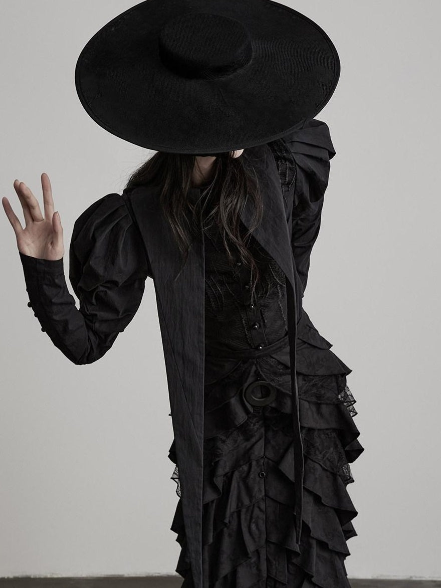 INDULGE Shape Retaining Fitted Waist Ruching Gothic Leg Of Mutton Sleeves Black Blouses