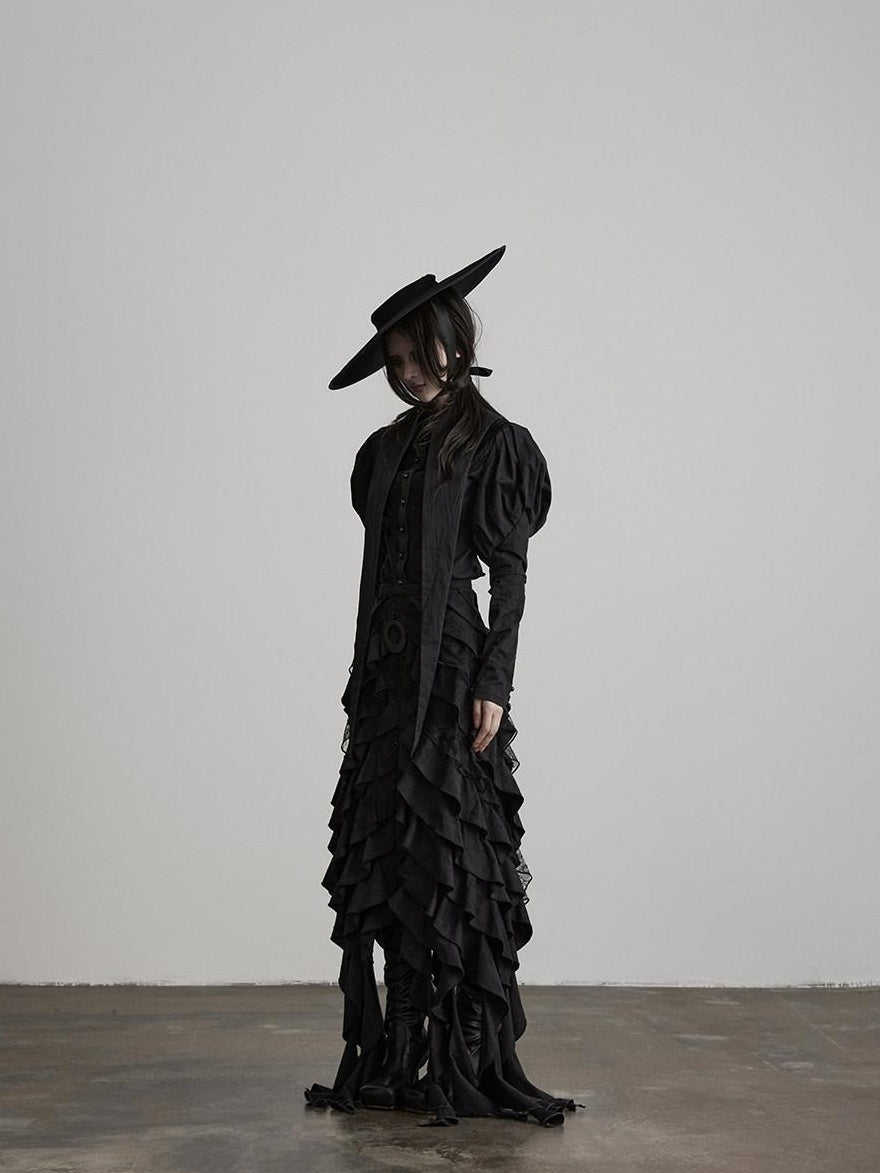INDULGE Shape Retaining Fitted Waist Ruching Gothic Leg Of Mutton Sleeves Black Blouses