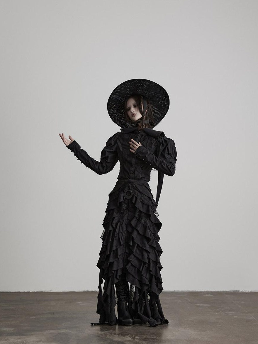 INDULGE Shape Retaining Fitted Waist Ruching Gothic Leg Of Mutton Sleeves Black Blouses