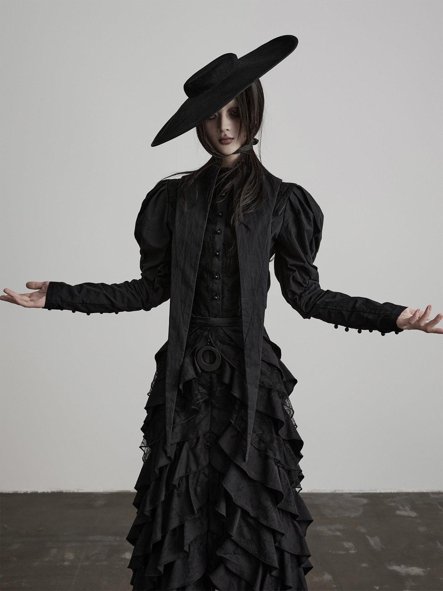 INDULGE Shape Retaining Fitted Waist Ruching Gothic Leg Of Mutton Sleeves Black Blouses