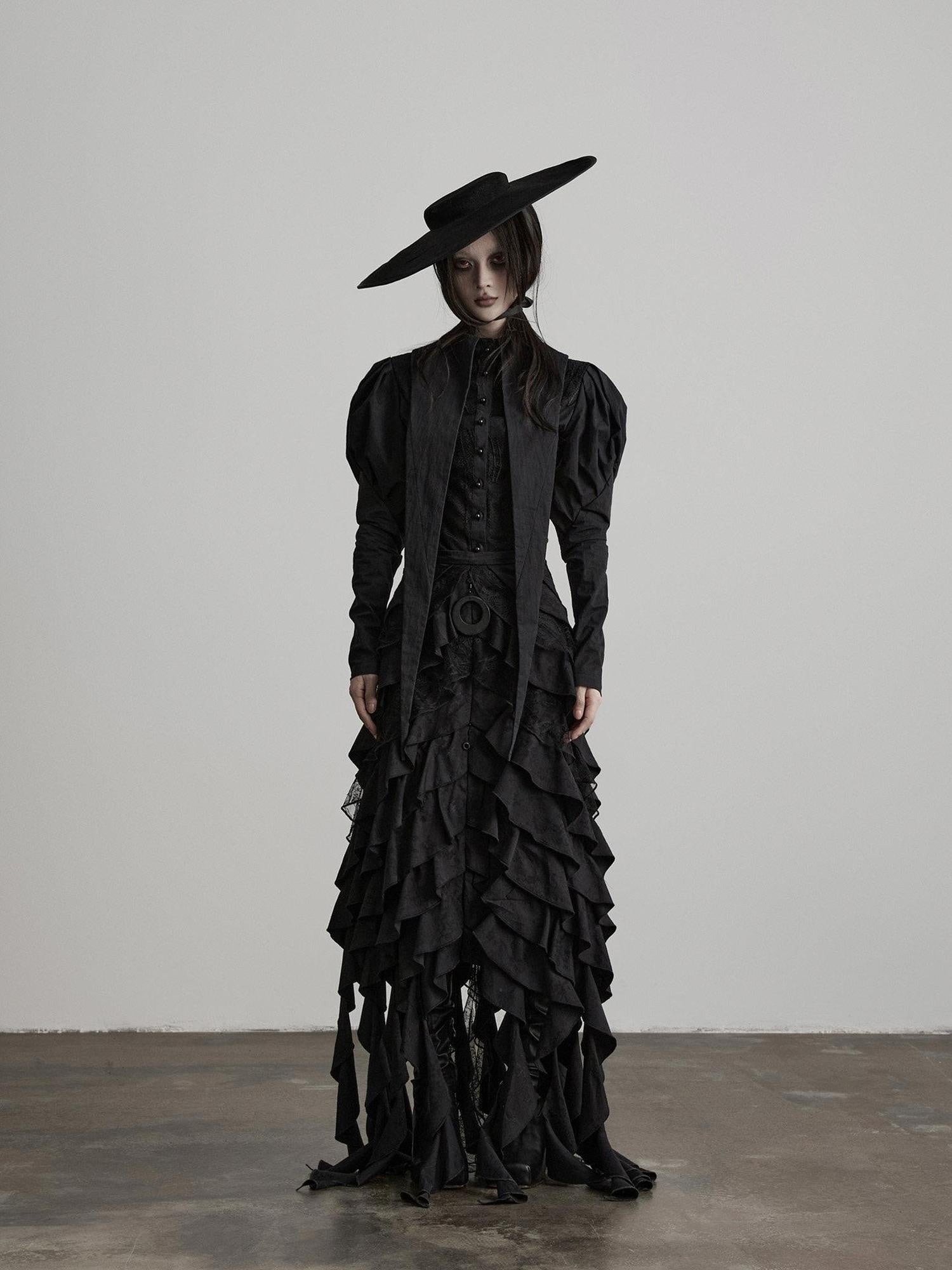 INDULGE Shape Retaining Fitted Waist Ruching Gothic Leg Of Mutton Sleeves Black Blouses
